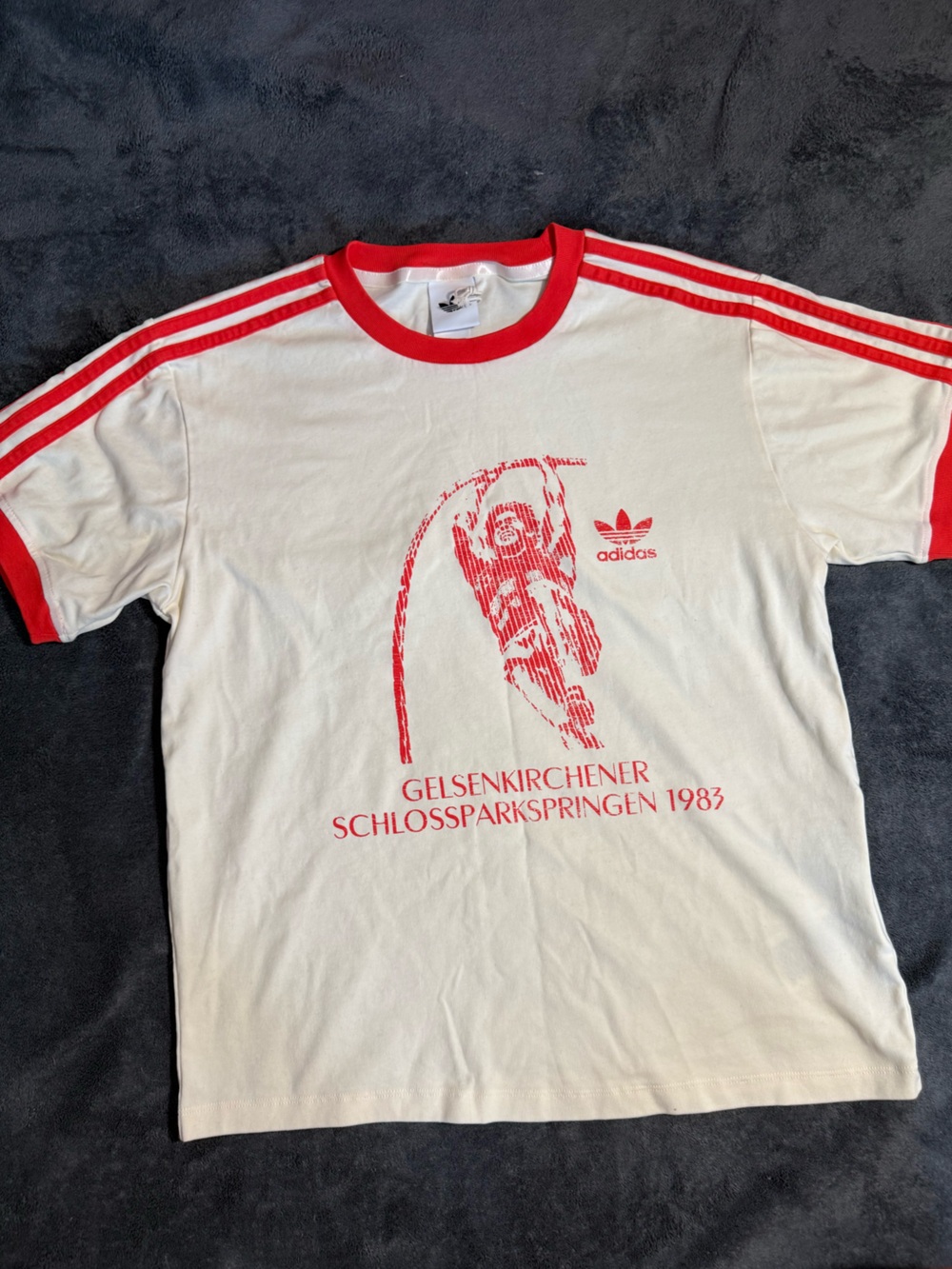 adidas White T-Shirt with Red Graphic and Ringer Trim